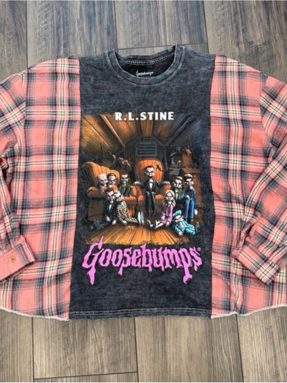 Goosebumps R.L. Stine Pink Plaid Panel Long Sleeve Tee